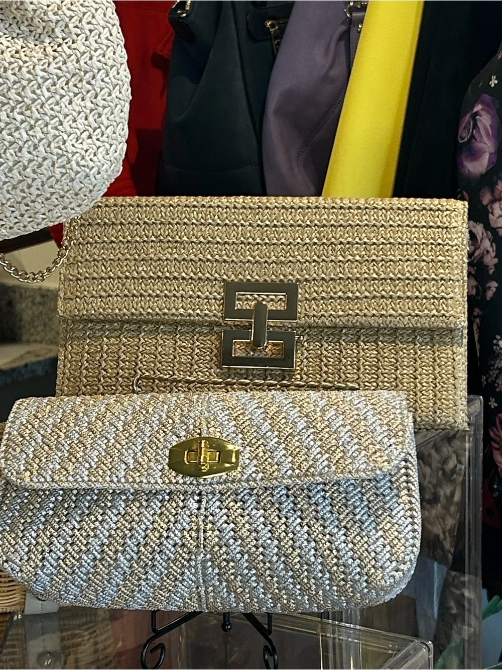 Woven Straw Bundle of 4 Shoulder & Wristlets Cream/Tan Gold/Silver Hardware New